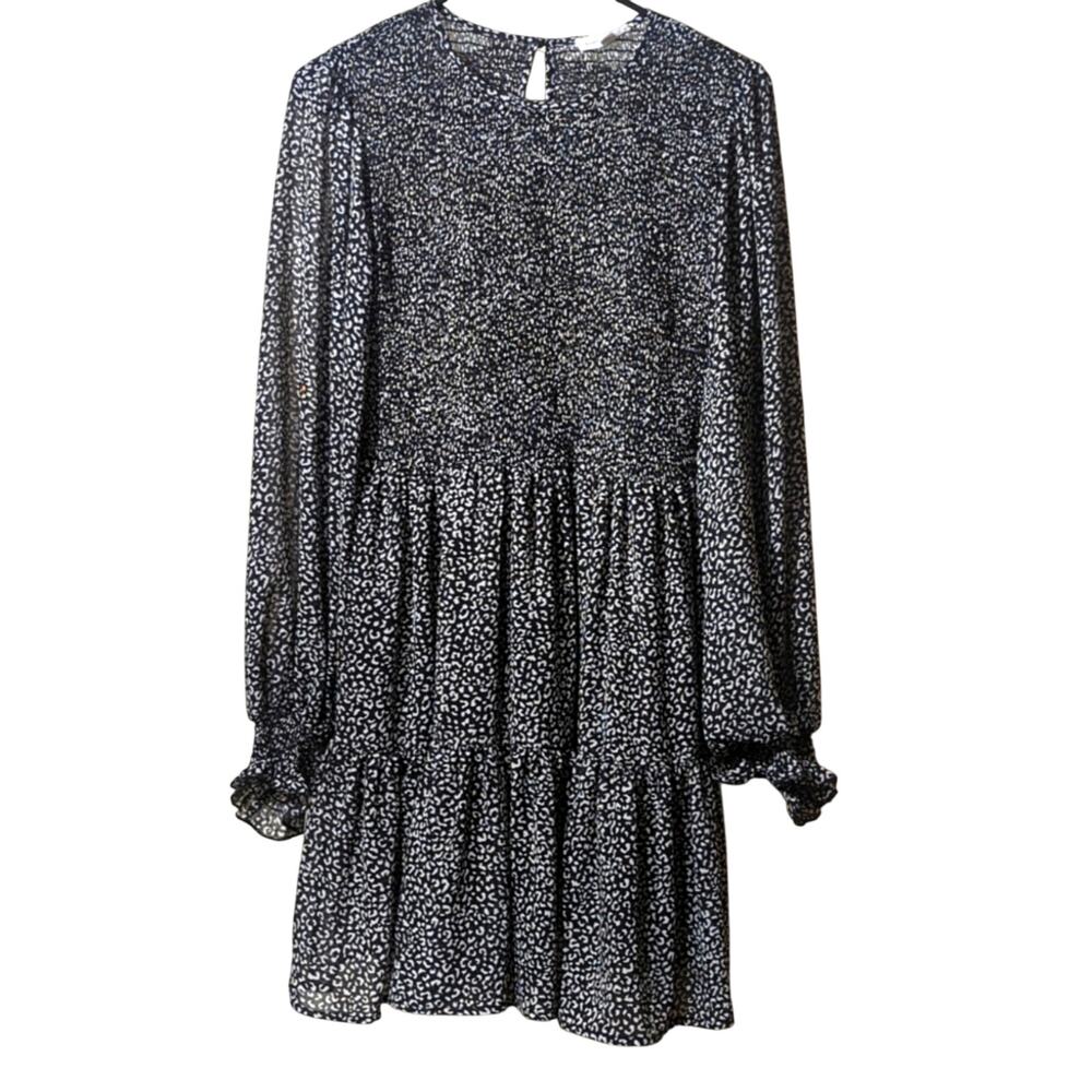 Newbury Kustom Black/White Smocked Tiered Flirty Long Sleeve Dress Women's Sz L